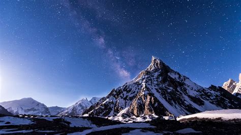 summit, mountain range, karakoram, night sky, snow, winter, stars ...