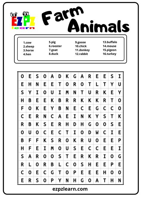 Farm Animals Word Search - Free Printable Templates