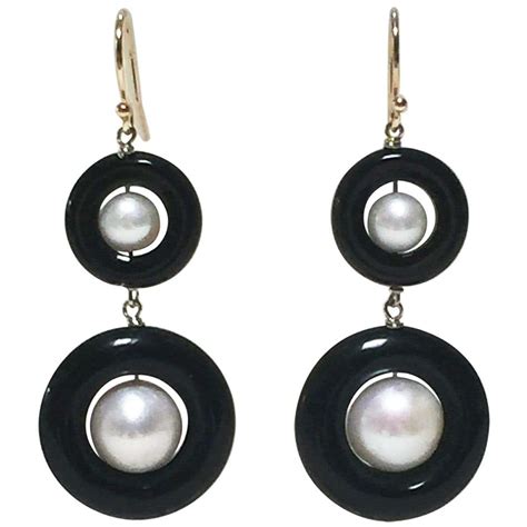 Double Black Onyx And Pearl Earrings With 14 Karat Yellow Gold Hook And Wiring At 1stdibs Onyx