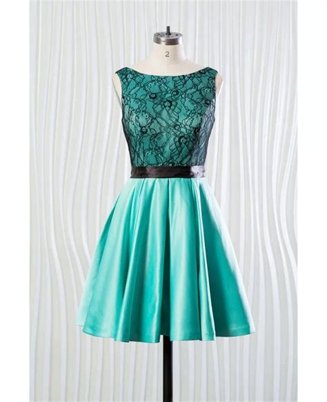 Short Teal Satin Bridesmaid Dress With Black Lace Bodice Fn6925