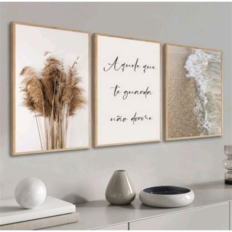 Quadro Decorativo Moderno 3 Peças TRIGO Mar Frases Aquele Que Te Guarda