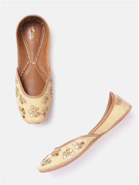 Buy Anouk Women Beige And Gold Toned Ethnic Embellished Handcrafted Leather Mojaris Flats For