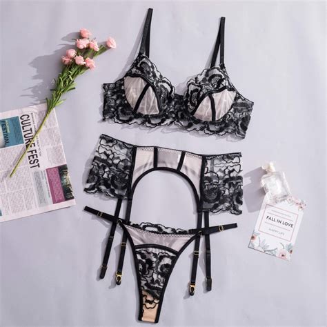 Nude Black Lace Lingerie Set Piece Sheer Bra Panty Garter Belt Sexy