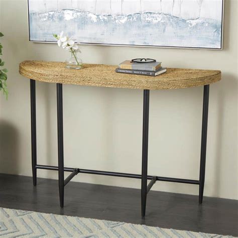 Litton Lane In Brown Half Circle Woven Seagrass Wood Console Table