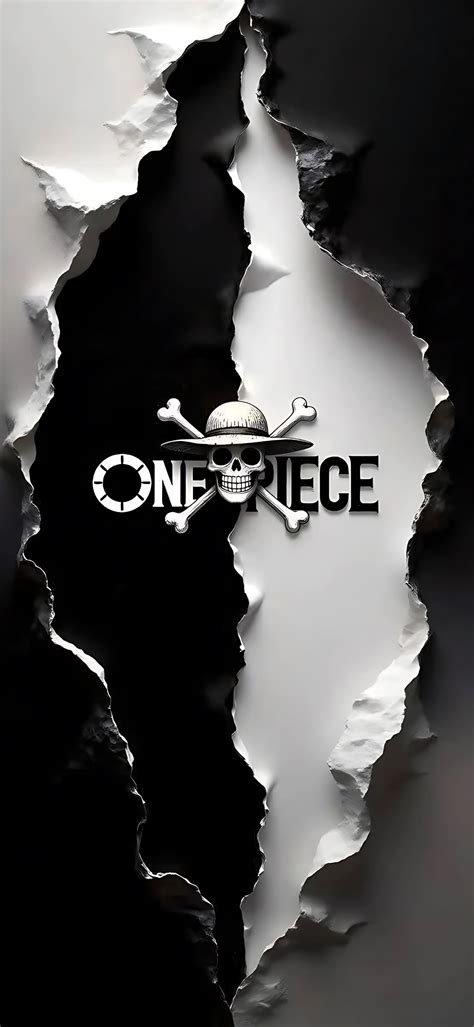 One Piece logo with skull and crossbones, black & white torn paper