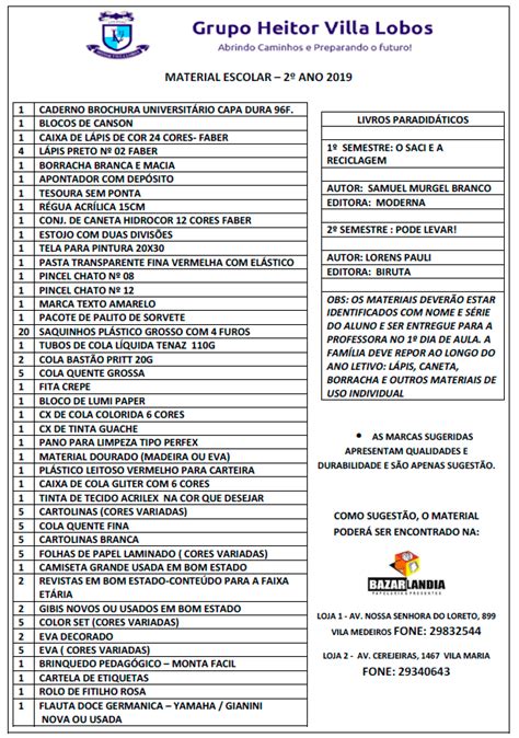 Lista de Material Escolar 2019 2º Ano Colégio Heitor Villa Lobos