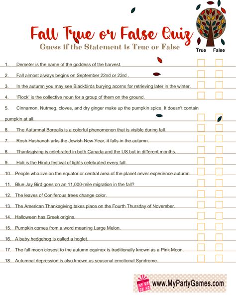 Free Printable Fall True Or False Trivia Quiz