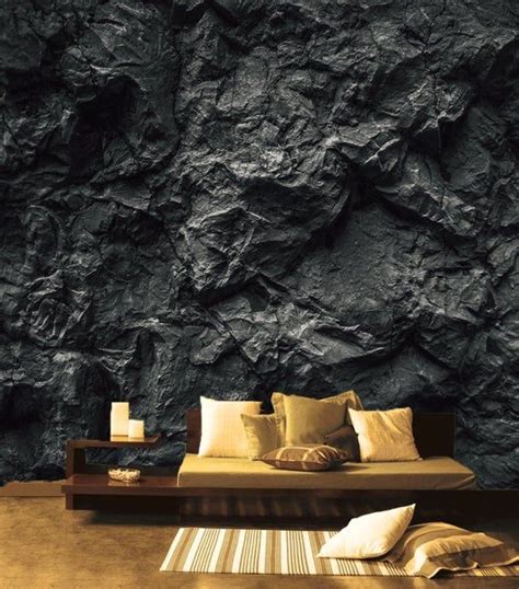 Dark Wall Mural for Living Room Black Stone Wall Removable Wallpaper ...