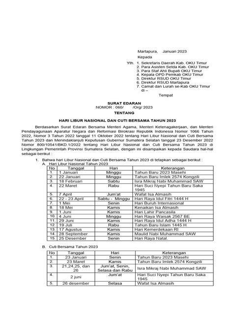 Surat Edaran Cuti Bersama Tahun 2023 Pdf