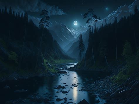 Premium AI Image | Night landscape dark forest river