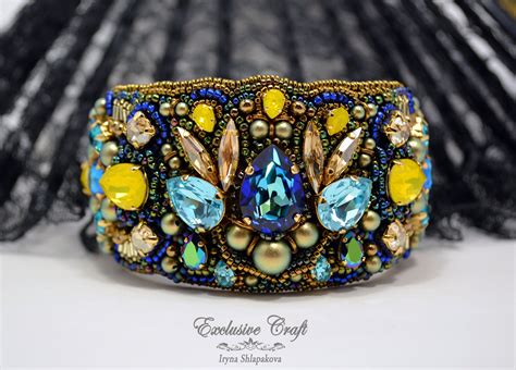 Unique Handmade Bead Embroidered Adjustable Cuff Bracelet With