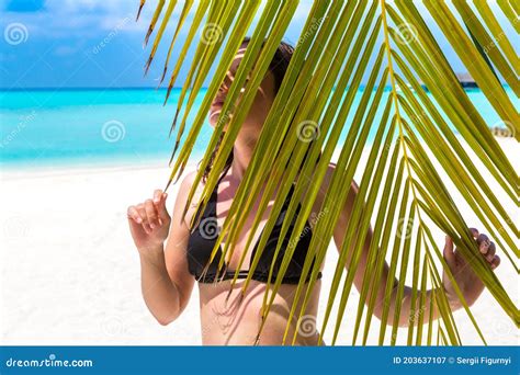 Woman Hiding Behind Palm Leaves Stock Image Image Of Face Lifestyle