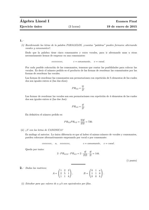 Examenes 2015 Preguntas Y Respuestas Algebra Lineal I Examen Final