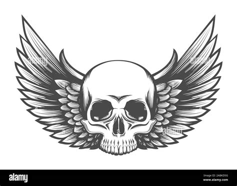 Human Skull With Wings Tattoo Drawn In Engraving Style Vector