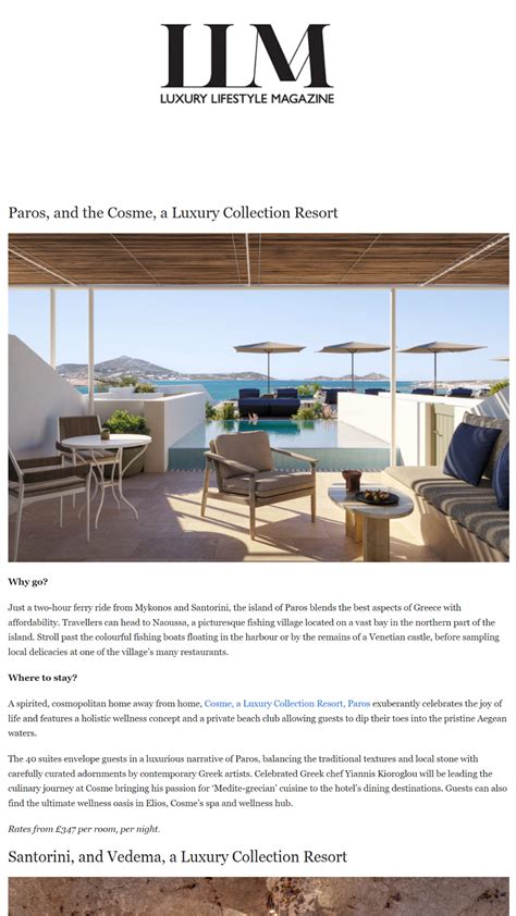 Luxury Lifestyle Magazine (UK) – August 2023 - Cosme Hotel Paros