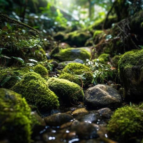 Premium Ai Image A Close Up Of A Stream Running Through A Lush Green