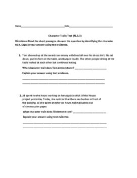 Third Grade Character Traits Test By Donna Martin Tpt