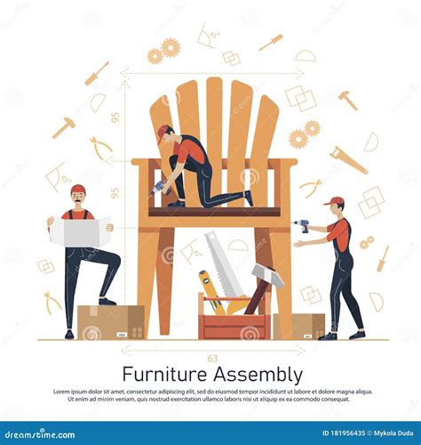 Furniture Assembly Concept Illustration Workers Of Manufacture With Professional Tools Help