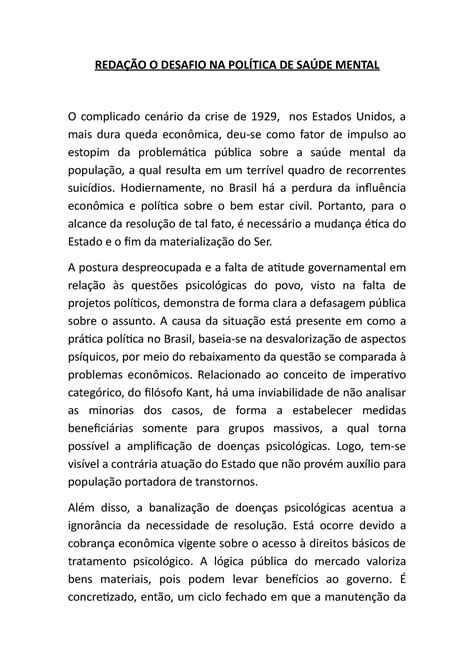 Redação O Desafio NA Política DE Saúde Mental REDAÇÃO O DESAFIO NA