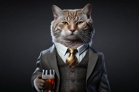 Premium Photo A Cat In A Suit Holds A Glass Of Whiskey