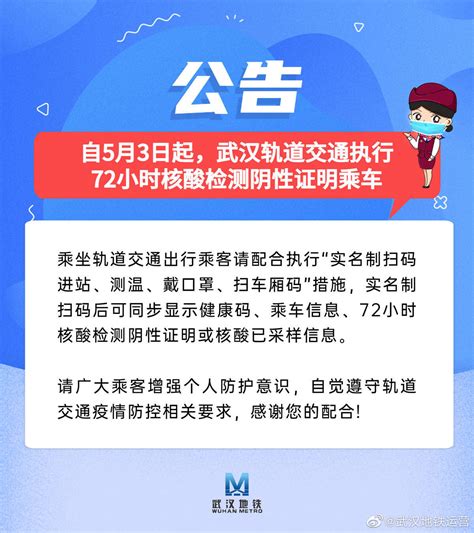 5月3日起，武汉轨道交通执行72小时核酸检测阴性证明乘车 信息 乘客 在线