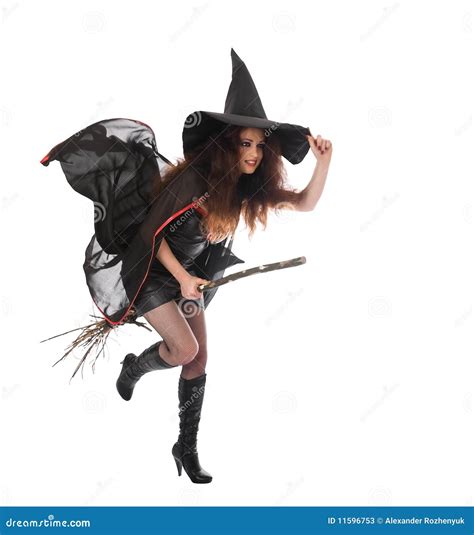 Halloween Witch Flying on Broom Stock Image - Image of isolated ...