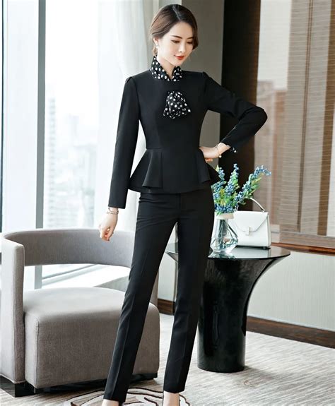 Fashion Black Ol Styles Formal 2 Piece Sets With Tops And Pants For Women Business Suits Ladies