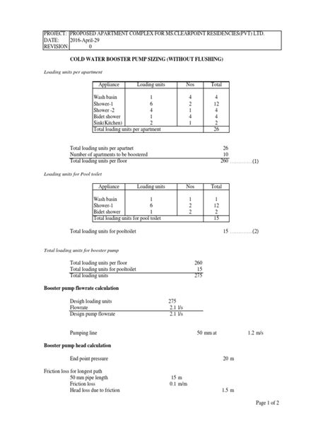 Cold Water Booster Pump Sizing (Without Flushing) : Loading Units Per ...