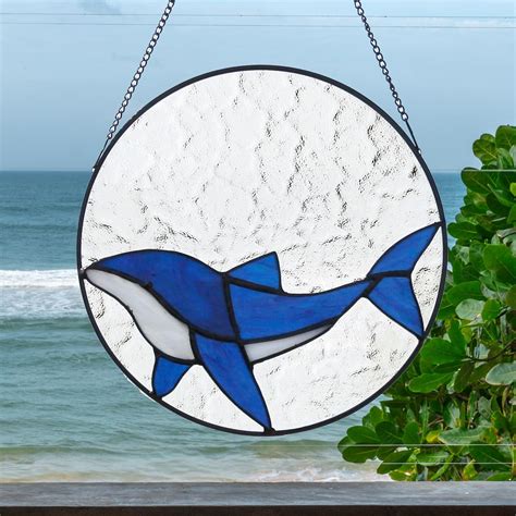 Set Of 2 Swimming Dolphin Stained Glass Window Hanging 8 Inch Tiffany Style