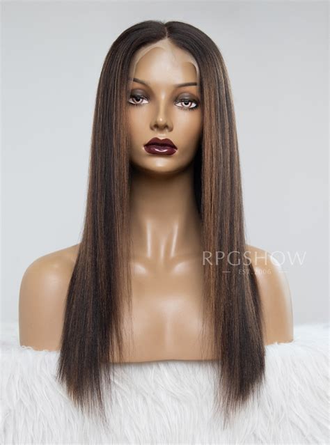 Kinky Straight Chestnut Brown Highlights Lace Front Wigs Roo002