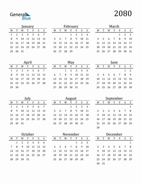 Year 2080 Free Printable 12 Month Calendar