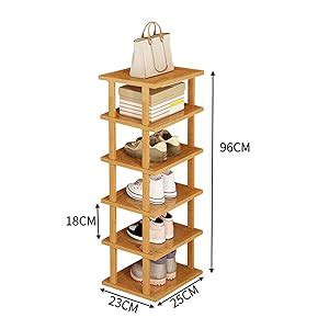 Hshduti Tiers Vertical Shoe Rack Bamboo Narrow Shoe Rack Space Saving