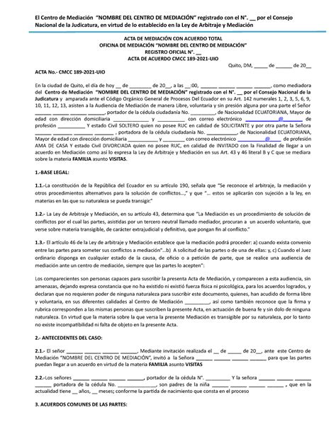 4 Modelo ACTA DE Mediacion Familia Regimen DE Visitas El Centro De