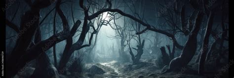 Haunted forest. Misty spooky forest or woods, at night with the moon ...