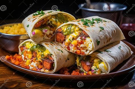 Morning Breakfast Burrito With Eggs Bacon And Potatoes On A Plate