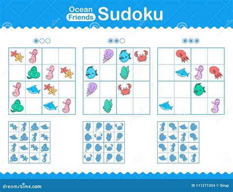 Childrens Sudoku Puzzle With Cartoon Ocean Animals Vector Illustration