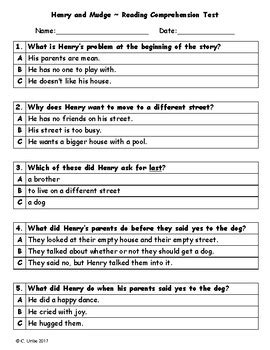 Henry And Mudge Reading Comprehension Test 2nd Grade HMH Journeys