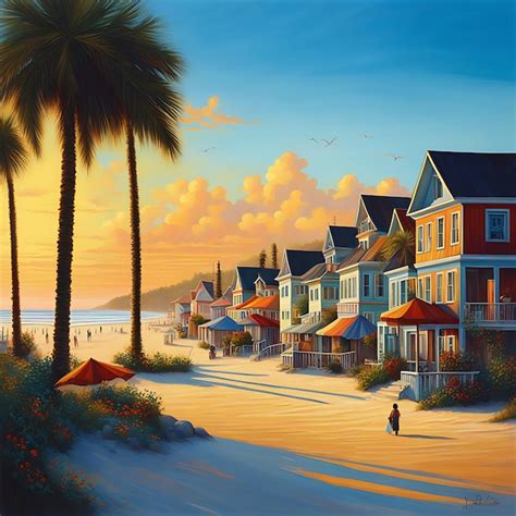 Premium Photo A Beach Town In The Morning Light Vibrant Painting