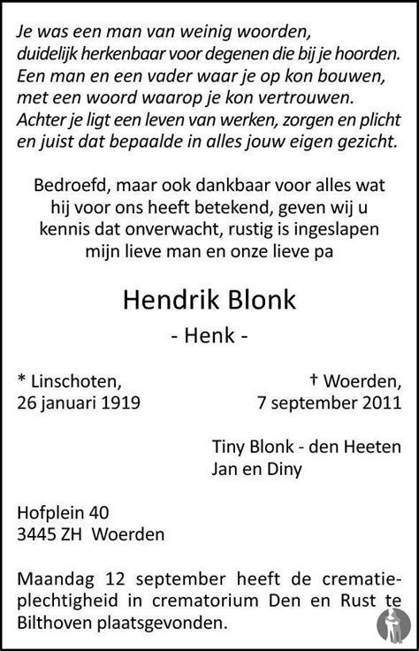 Hendrik Henk Blonk 07 09 2011 Overlijdensbericht En Condoleances