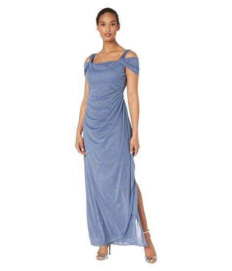 Alex Evenings Synthetic Long Glitter Mesh Cold Shoulder Dress In Blue