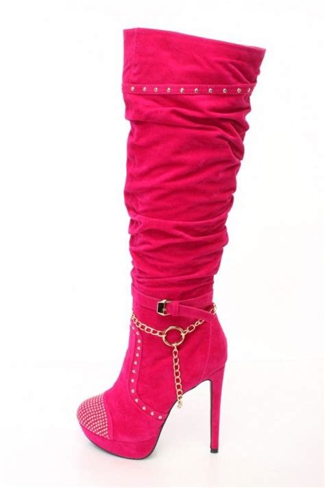 Hot Pink Slouchy Studded High Heel Boots Knee Yeezy Shoes Women Boots