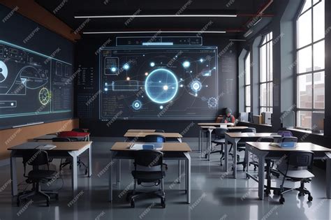 Premium Photo Futuristic School Classroom With Augmented Reality Projected In A Electronic