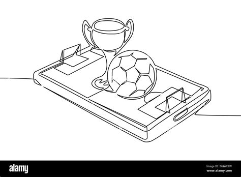 Single Continuous Line Drawing Soccer Ball And Trophy Cup Over Virtual