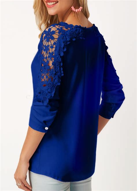 Lace Panel Royal Blue Long Sleeve Blouse On Sale Only Us 28 27 Now Buy