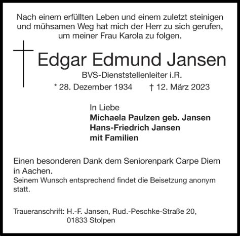 Traueranzeigen Von Edgar Edmund Jansen Aachen Gedenkt