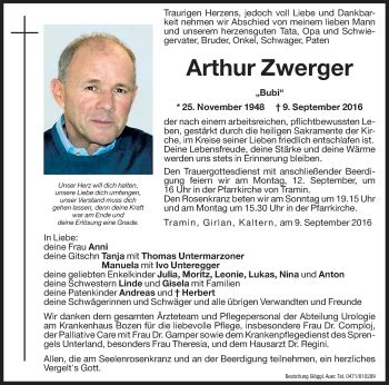 Traueranzeigen Von Arthur Zwerger Trauer Bz