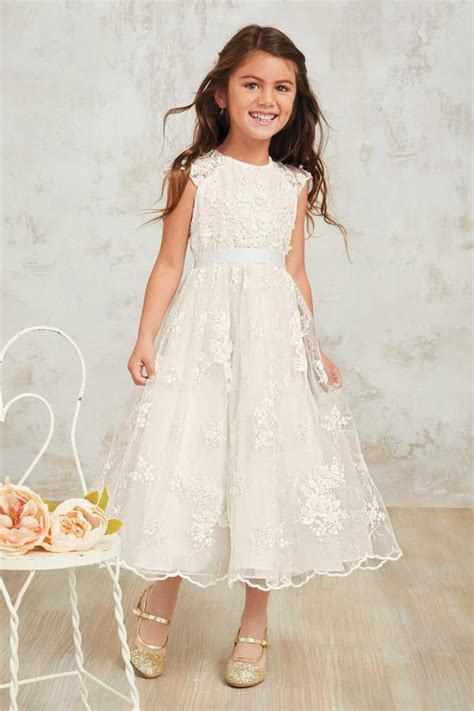 Round Neck Off White Lace Cap Sleeve With Sash Long Flower Girl Dresse – AlineBridal