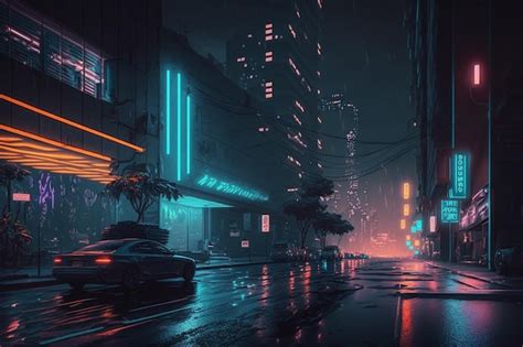 Una Calle Oscura De La Ciudad Con Luces De Ne N Y Un Coche Conduciendo