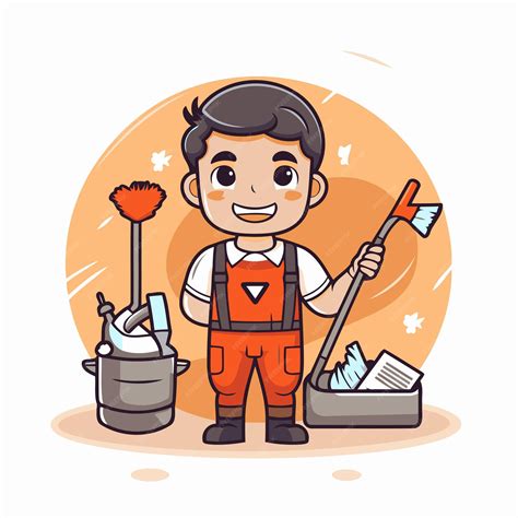 Cute cartoon man cleaning the house Vector illustration for your design ...