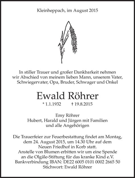 Traueranzeigen von Ewald Röhrer ZVW Trauer